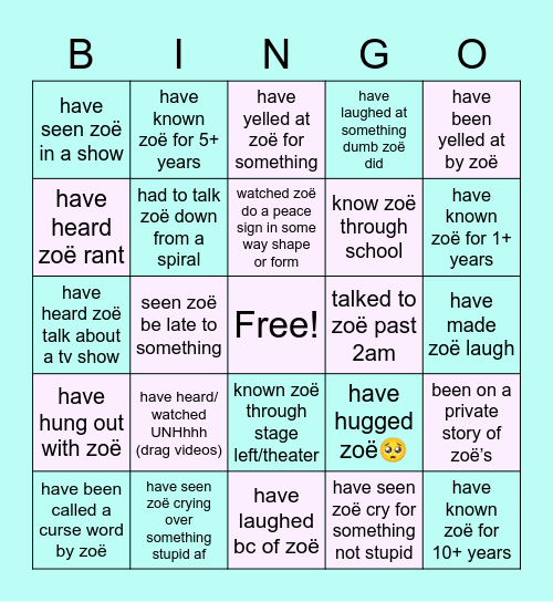 Zoë’s Friendship Bingo Card