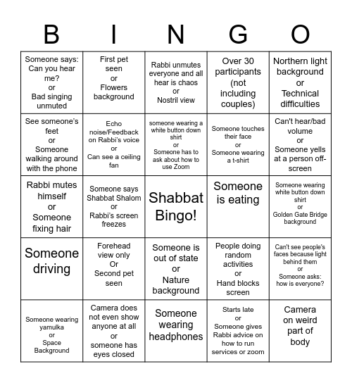 Shabbat Bingo Card