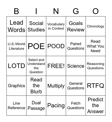 SAT Reading Bingo Card