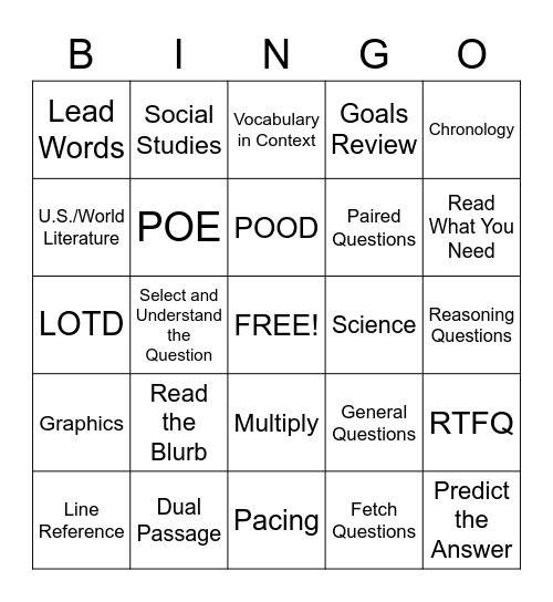 SAT Reading Bingo Card