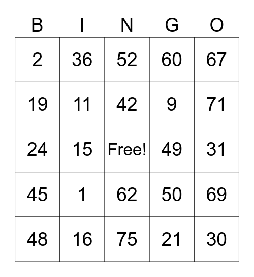 Number Bingo 1-75 Bingo Card