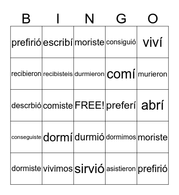 IR VERBS Bingo Card