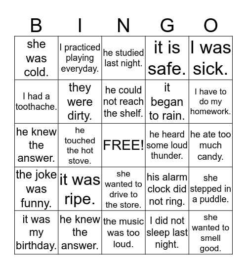 Cause and Effect Bingo Card