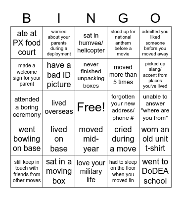 Military Kid Bingo Card