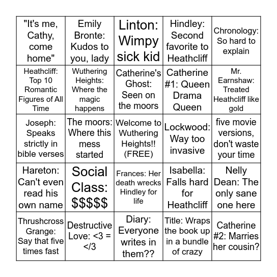 Wuthering Heights Bingo  Bingo Card