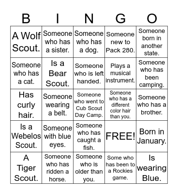 Cub Scout Bingo Card