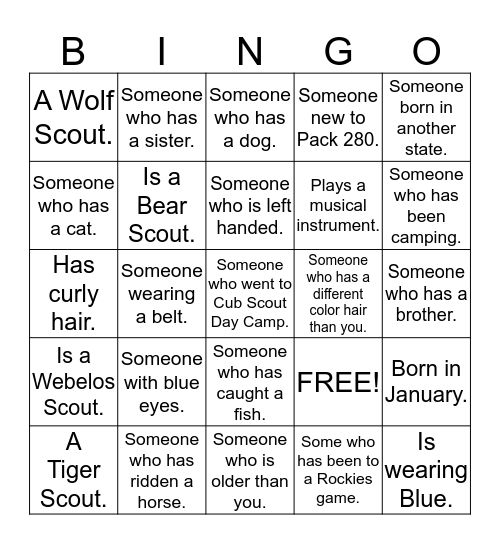 Cub Scout Bingo Card