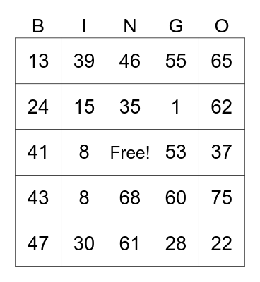 Number Bingo 1-75 Bingo Card
