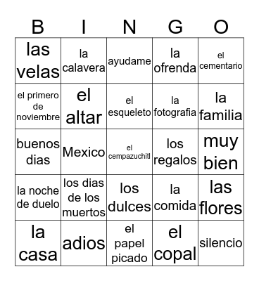 Dia de Los Muertos Bingo Card