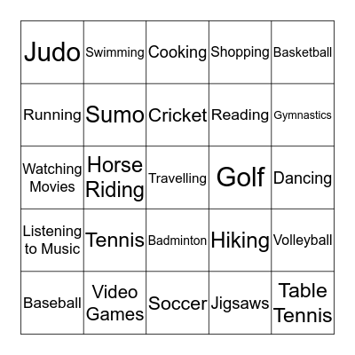 Hobbies Bingo Card