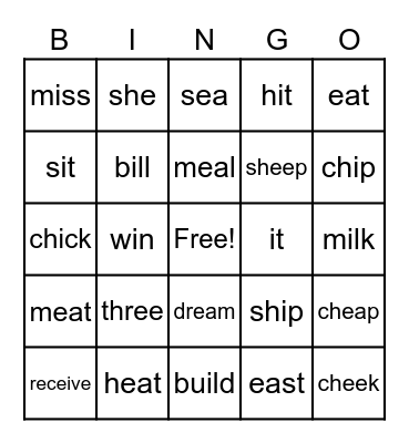 /i/          &           /i:/ Bingo Card
