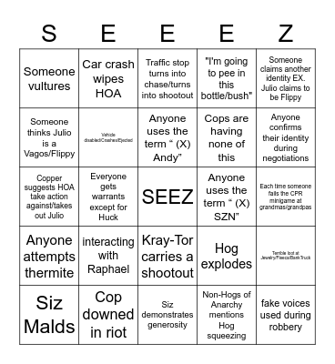 HOA Drinking Bingo SZN 2 Bingo Card