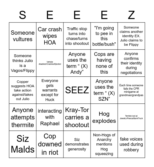 HOA Drinking Bingo SZN 2 Bingo Card
