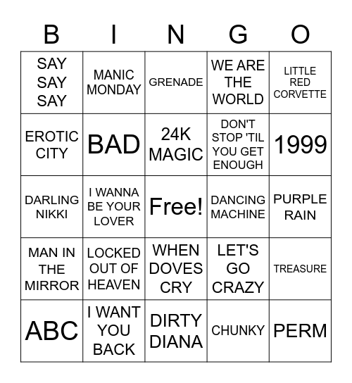 B(runo) P(rince) M(ichael) Bingo Card