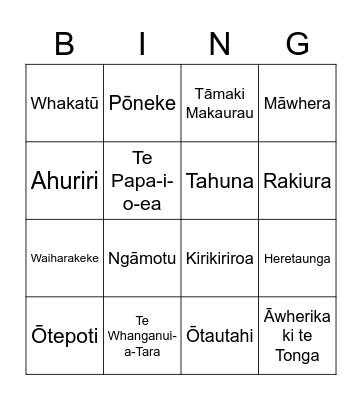 Place Names: Māori Bingo Card