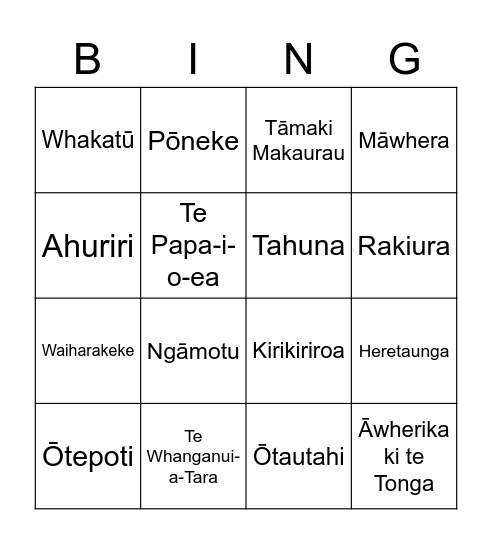 Place Names: Māori Bingo Card