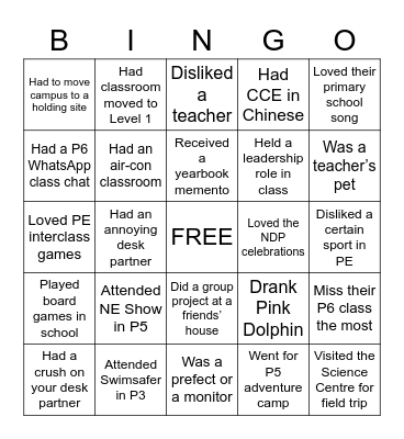 Primary School Bingo Card