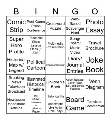 Student Product Menu Bingo Card