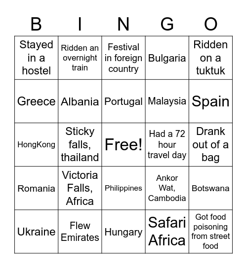 Travel Bingo Card