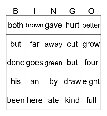 Sight Words Bingo Card