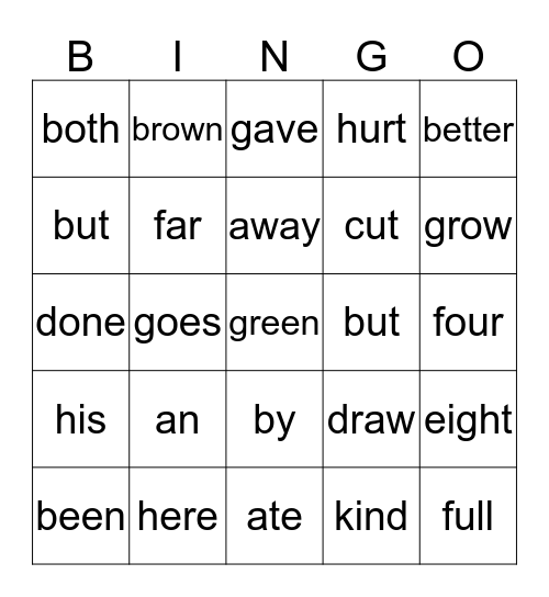 Sight Words Bingo Card