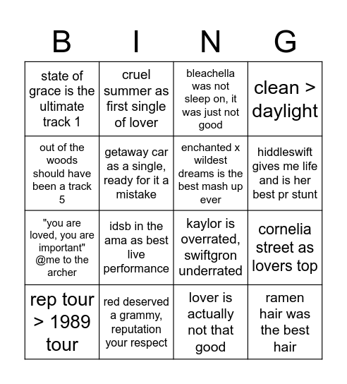 swiftie bingo Card