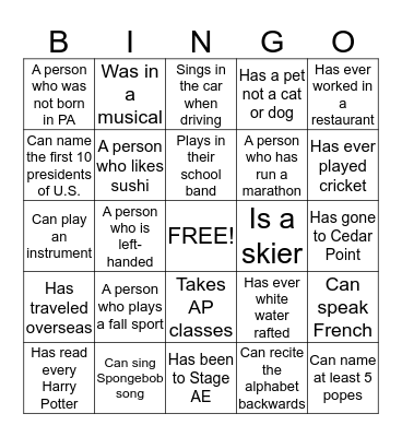 PERSON BINGO Card