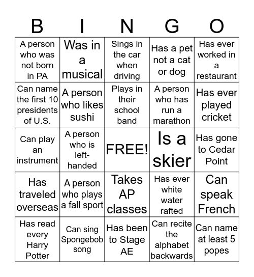 PERSON BINGO Card