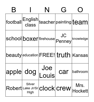 Noun Bingo Card