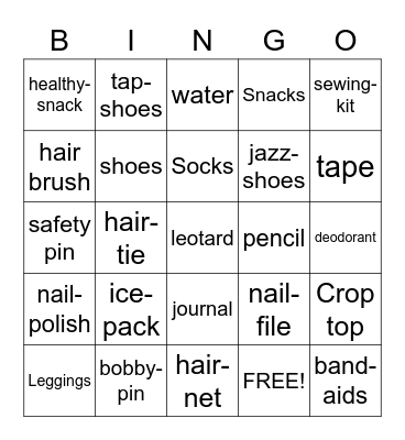 What's in your dance bag? Bingo Card