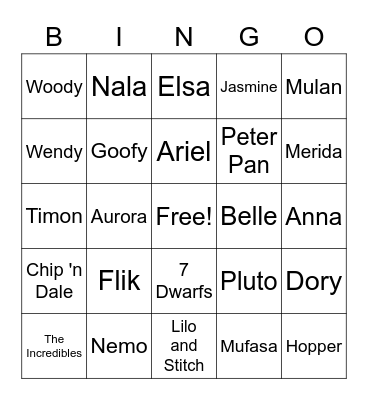 Disney Characters Bingo Card