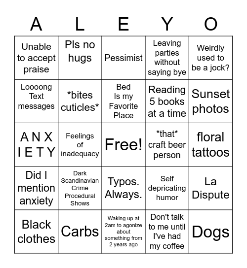 Neurotic Former Emo Bingo Card