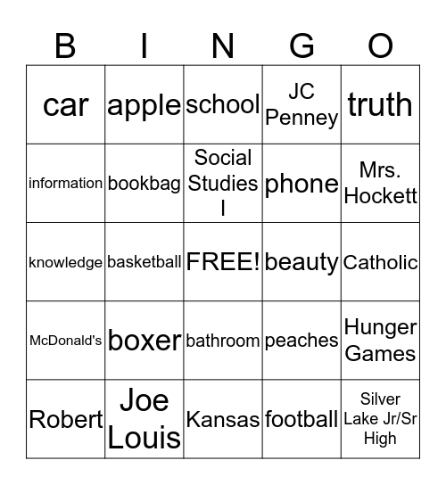Noun Bingo Card