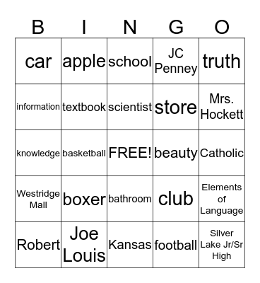 Noun Bingo Card