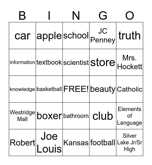 Noun Bingo Card