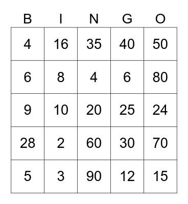 Multiplication Bingo Card