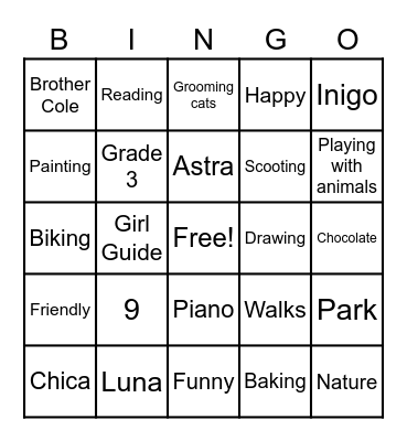 Ayla's 9th Birthday Bingo Card