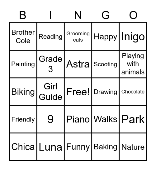 Ayla's 9th Birthday Bingo Card