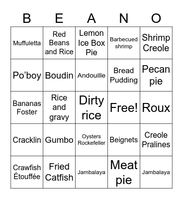 Traditional New Orleans Foods Bingo Card