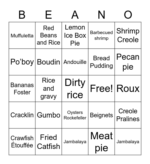 Traditional New Orleans Foods Bingo Card