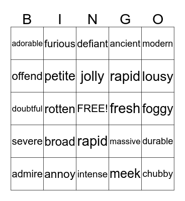 VOCABULARY Bingo Card