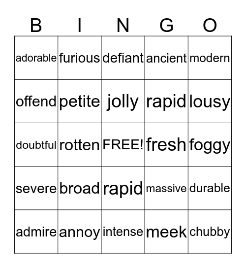 VOCABULARY Bingo Card