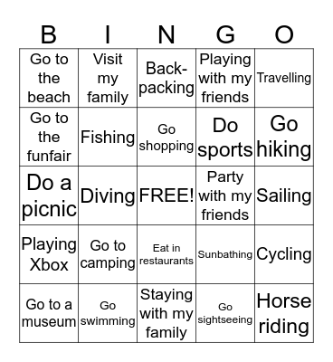 Holiday Activities  Bingo Card