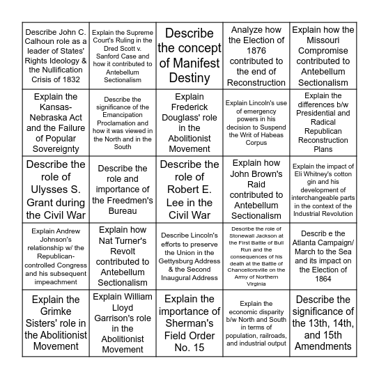 Sectionalism & Civil War Project Topics Bingo Card