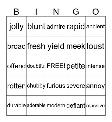 VOCABULARY Bingo Card