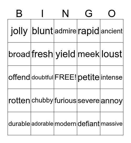 VOCABULARY Bingo Card