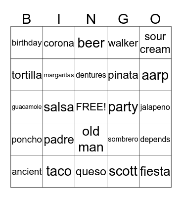 Scott's 50th Fiesta Bingo Card