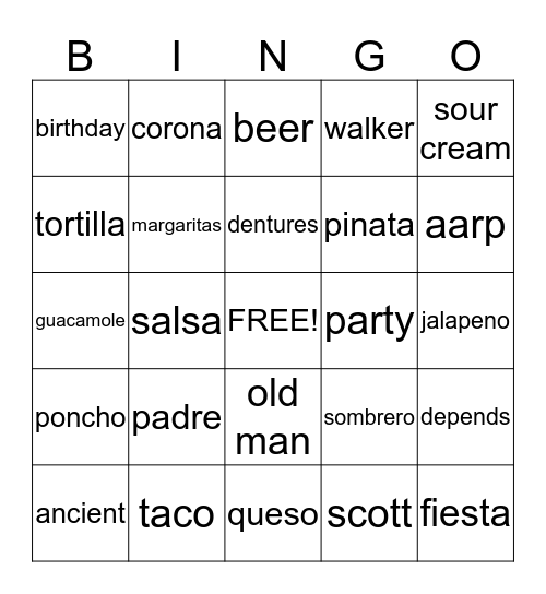 Scott's 50th Fiesta Bingo Card