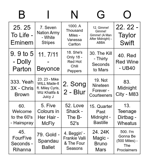 Numbers Bingo Card