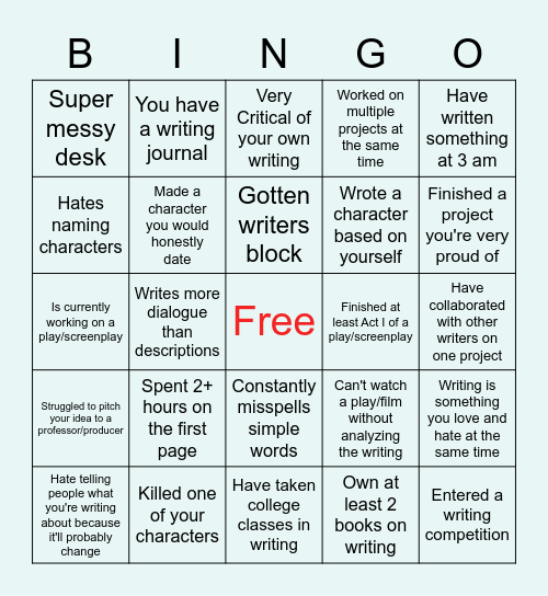 Playwright / Screenwriter Bingo Card